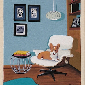 Pembroke Corgi Art Print Corgi on Eames Chair Mid Century Modern Limited Edition Print Corgi Dog Portrait Wall Art