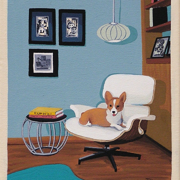 Mid Century Modern Eames Retro Limited Edition Print from Original Painting Corgi Eames Chair