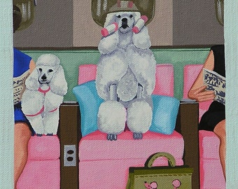 May include: Three white poodles are getting their hair done at a salon. One poodle is under a pink hairdryer, another is sitting on a pink chair, and the third is sitting on a pink chair with a green tote bag with a pink poodle design.