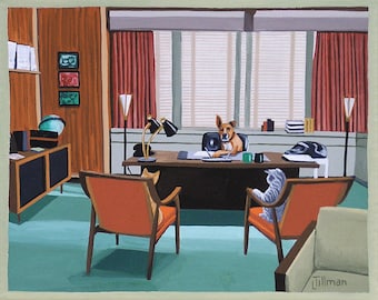 Fun Dogs and Cats Print Mid Century Modern Office Limited Edition Print