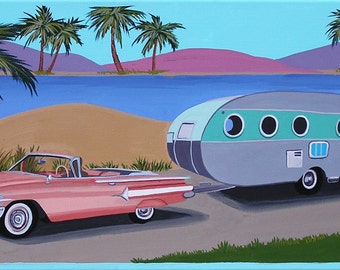 Mid Century Modern Eames Retro Limited Edition Print from Original Painting 1960 Chevy Impala and Airflow Trailer