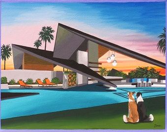 Mid Century Modern Eames Retro Limited Edition Print from Original Painting Soaring House Dogs