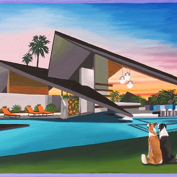 Mid Century Modern Eames Retro Limited Edition Print from Original Painting Soaring House Dogs