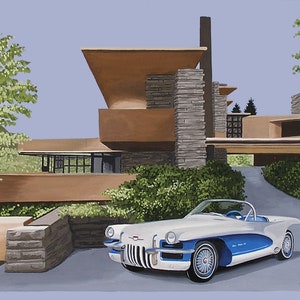 Mid Century Modern Eames Retro Limited Edition Print from Original Painting 1955 Buick LaSalle Wright House