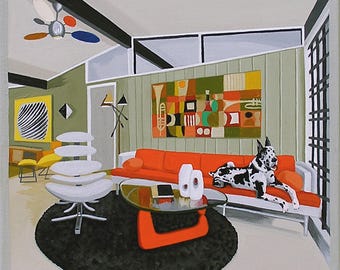 Mid Century Modern Eames Retro Limited Edition Print from Original Painting Great Dane Den