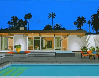 Mid Century Modern Limited Edition Print from Original Painting Patio at Sunset