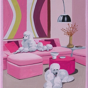 Mid Century Modern Eames Retro Limited Edition Print from Original Painting Poodles Pink Room