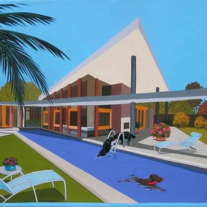 Mid Century Modern Eames Retro Limited Edition Print from Original Painting Flat-Coated Retrievers Pool
