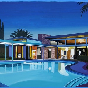 Mid Century Modern Eames Retro Limited Edition Print from Original Painting Twin Palms at Night