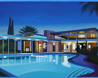 Twin Palms at Night Frank Sinatra Palm Springs Home Mid Century Modern Limited Edition Print Ranch House Pool Wall Art