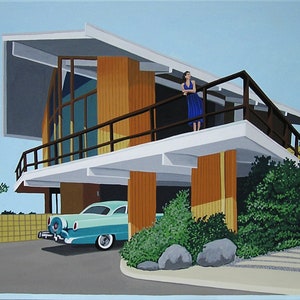Woman on Balcony Print Mid Century Modern Limited Edition Print Suburban House 1955 Ford Crown Victoria Car Wall Art