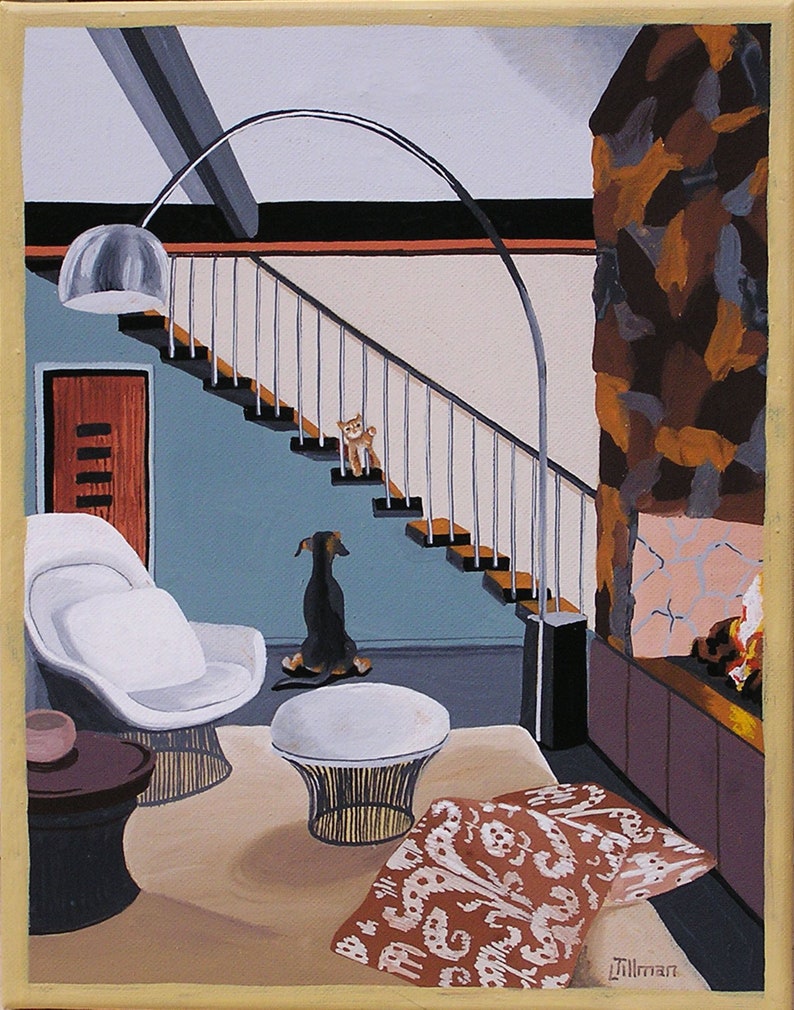 Mid Century Modern Eames Retro Limited Edition Print from Original Painting Dog Cat Stairway image 1