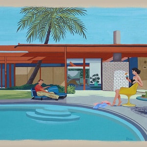 Mid Century Modern Eames Retro Limited Edition Print from Original Painting Pool Guy Girl Cocktails