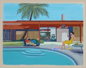 Mid Century Modern Eames Retro Limited Edition Print from Original Painting Pool Guy Girl Cocktails