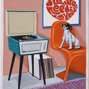 Mid Century Modern Eames Retro Limited Edition Print from Original Painting Rat Terrier Record Player