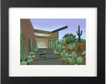 Impresión de hogar del desierto del suroeste, mini impresión moderna de mediados de siglo, arquitectura de adobe, liebres del desierto, conejos, cactus, arte de pared