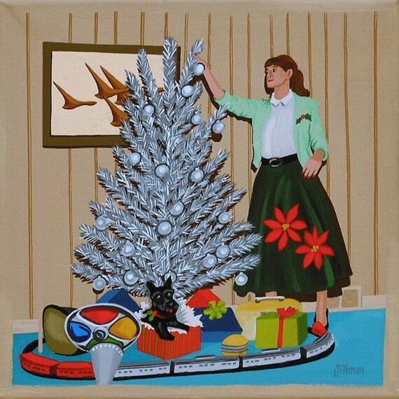 Silver Christmas Tree Art Print: Mid Century Modern Woman, Toy