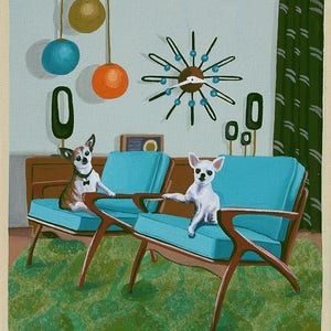 Mid Century Modern Eames Retro Limited Edition Print from Original Painting Chihuahuas Danish Chairs