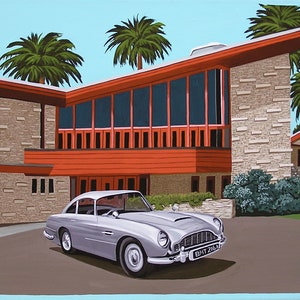 May include: An illustration of a mid-century modern home with a silver car parked in front. The house has a flat roof, large windows, and a red-orange trim. Palm trees are in the background, and the sky is light blue.