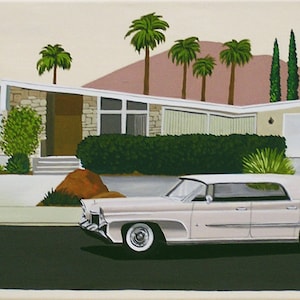 Mid Century Modern Eames Retro Limited Edition Print from Original Painting Palm Springs House Car