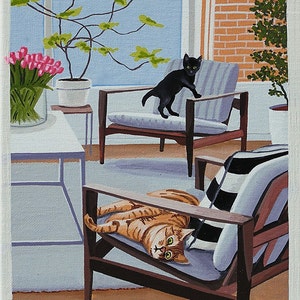 Mid Century Modern Eames Retro Limited Edition Print from Original Painting Cats Danish Chairs
