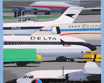 Vintage Airplane Art Print, Aviation Travel Poster, Mid Century Modern Style