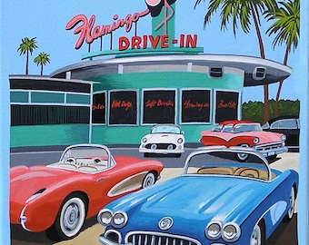 Mid Century Modern Eames Retro Limited Edition Print from Original Painting Flamingo Drive-In Corvette