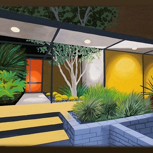 Mid Century Modern Eames Retro Limited Edition Print from Original Painting House at Night