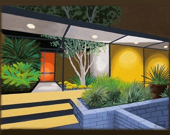 May include: A painting of a modern home with a yellow exterior and a large glass door. The home is surrounded by lush green plants and a brick wall. The painting is done in a realistic style and features a warm color palette.
