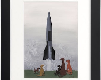 Mid Century Moderne Eames Retro Print van Original Painting Rocket Launch Dogs