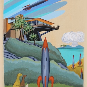 Mid Century Modern Limited Edition Print from Original Painting Architecture Dog Rockets