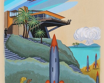 Mid Century Modern Limited Edition Print from Original Painting Architecture Dog Rockets