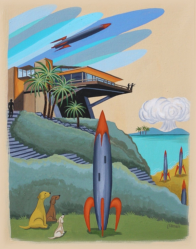 Mid Century Modern Limited Edition Print from Original Painting Architecture Dog Rockets Bild 1