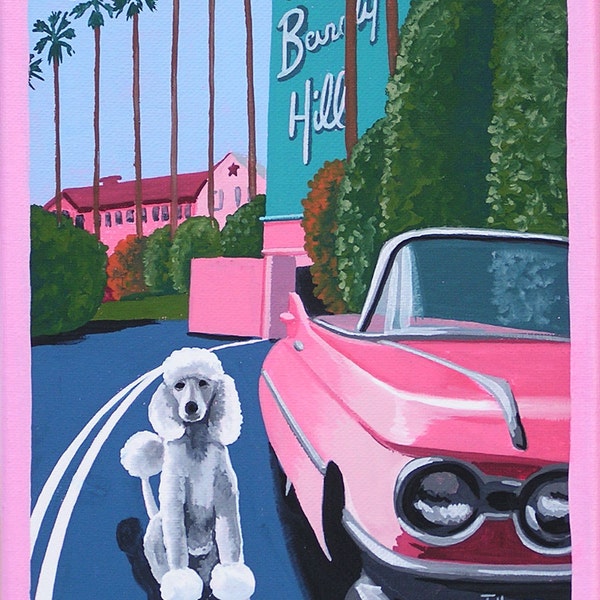 Impression en édition limitée rétro Eames moderne du milieu du siècle à partir de la peinture originale de l'hôtel de Beverly Hills, Français caniche