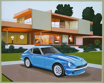 May include: A blue vintage sports car parked in front of a modern home with a large window. The car has a white stripe along the side and white wheels.