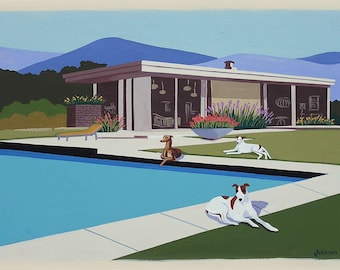 Mid Century Modern Eames Retro Limited Edition Print from Original Painting Architecture Pool Greyhounds