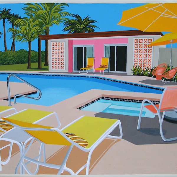 Mid Century Modern Eames Retro Limited Edition Print from Original Painting Poolside