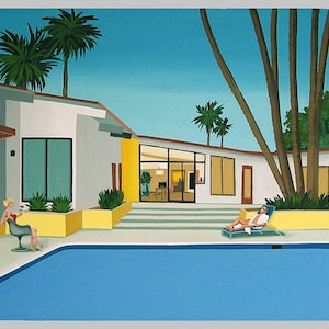 Mid Century Modern Eames Retro Limited Edition Print from Original Painting Couple Palm Springs Pool