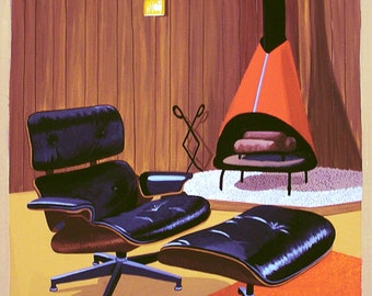 Mid Century Modern Eames Retro Limited Edition Print from Original Painting Eames Chair