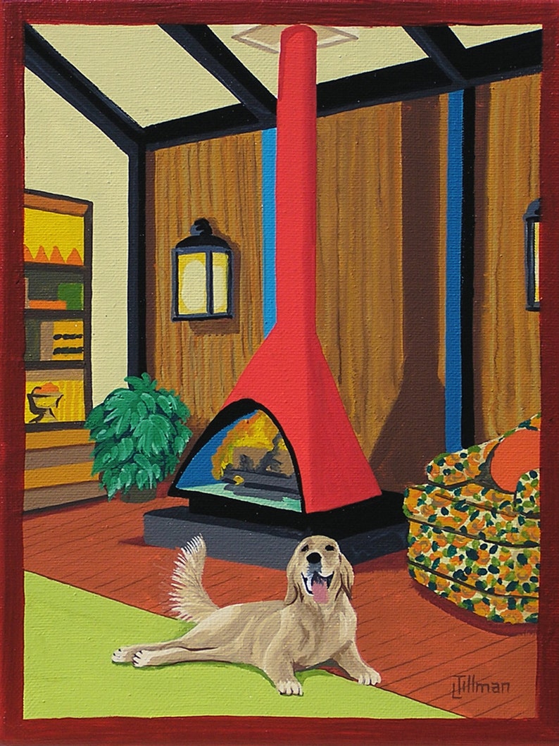 Mid Century Modern Eames Retro Limited Edition Print from Original Painting Fireplace Golden Retriever image 1