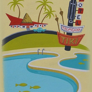 Mid Century Modern Eames Retro Limited Edition Print from Original Painting Tiki Hotel Pool