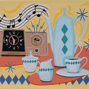 May include: A retro-style still life painting featuring a blue teapot with a diamond pattern, a clock radio playing music, a sugar bowl, a creamer, and a cup of coffee on a red and yellow table.
