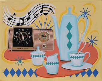 Mid Century Modern Kitchen Print, Coffee Pot Clock Radio Art (11x14)