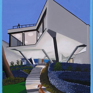 Pode incluir: Uma pintura de uma casa moderna com um c&atilde;o castanho a subir as escadas. A casa &eacute; branca com um c&eacute;u azul no fundo. O c&atilde;o est&aacute; a caminhar em dire&ccedil;&atilde;o a outro c&atilde;o que est&aacute; em p&eacute; no topo das escadas.