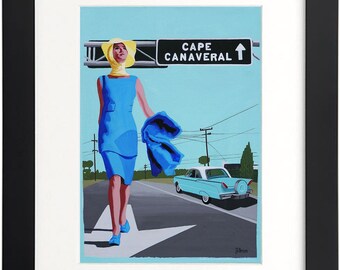 May include: A woman in a blue dress and yellow hat walks down a road with a sign that reads "Cape Canaveral" and an arrow pointing upwards. A blue car is driving in the background.