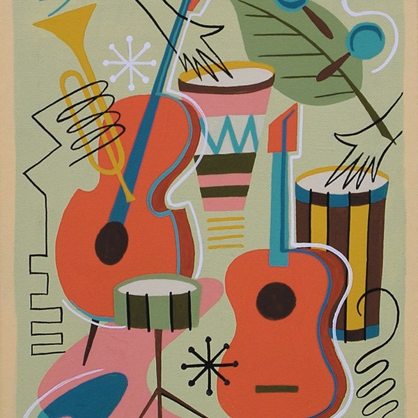 Jazz Band Print, Mid-Century Modern Music Instruments Wall Art