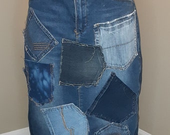 Size Large Patchwork Denim Pocket Skirt, Upcycled Jean Skirt, Recycled Jean Skirt, Vintage Denim Skirt, Birthday Gift For Women, Jeans