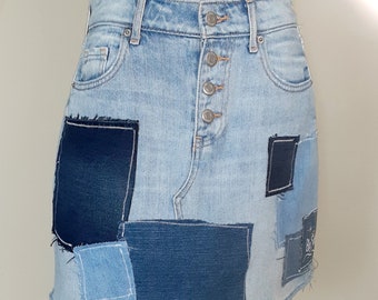 Recycled Denim Patchwork Mini Skirt - Boho Jean Skirt, Size 4
