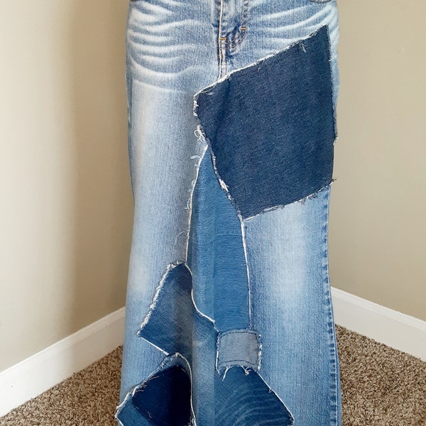 Long Denim Skirt, Size 9-10 Patchwork Skirt, Recycled Denim Skirt, Reworked Jean Skirt, Birthday Gift for Women, Vintage Denim Skirt