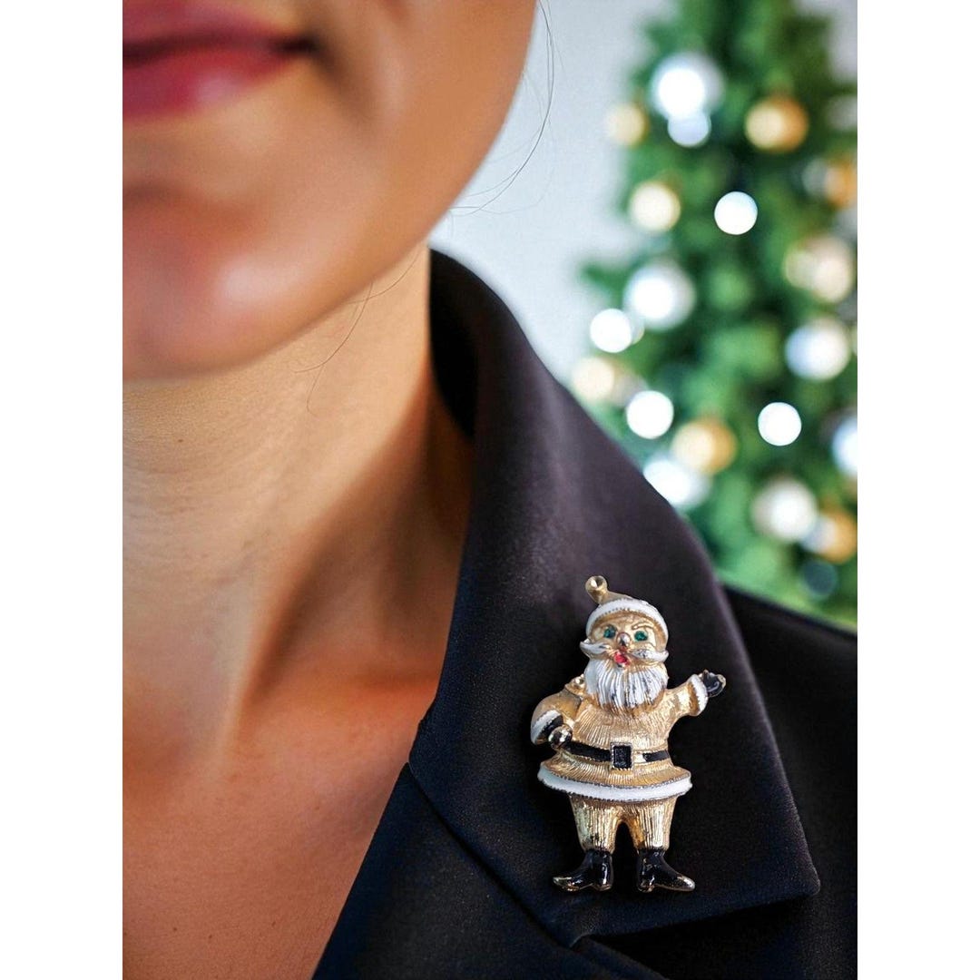 Vintage 1950s-1960s Gold-tone Santa Claus Enamel Rhinestone Brooch Pin ...